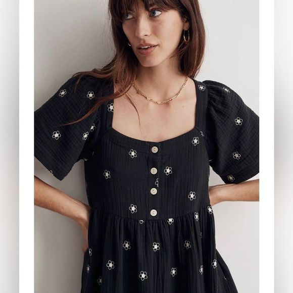 Madewell Daisy Embroidered Square Neck Lightspun Midi Dress Nedium - Picture 2 of 6